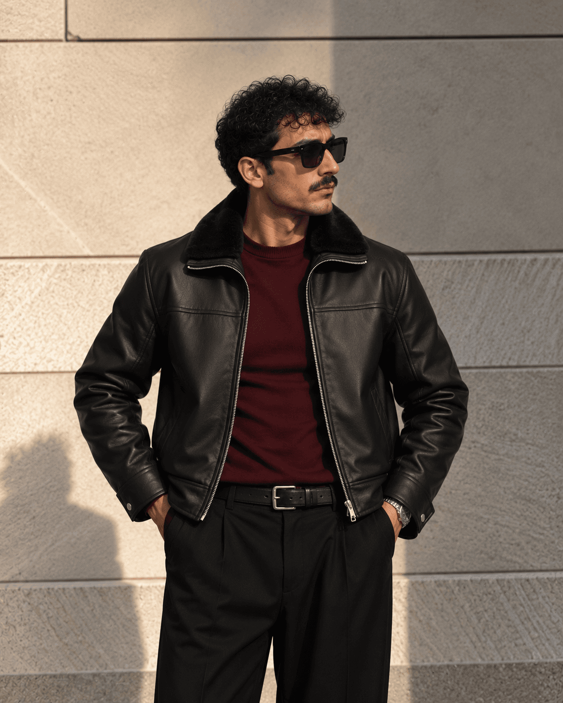 Cognac pull-up leather jacket hanging in the atelier