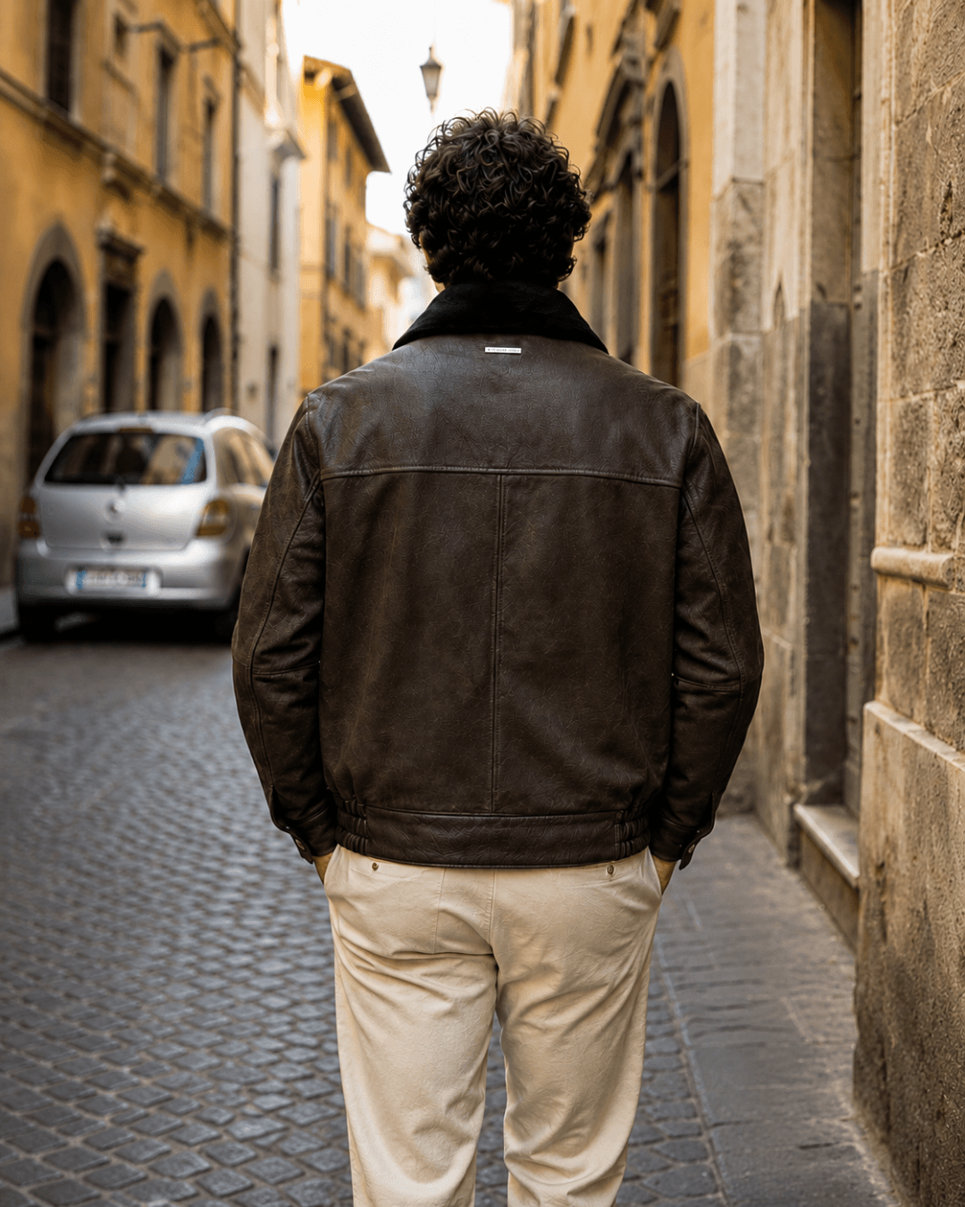 Smoke grey nappa jacket hanging in the atelier